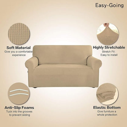 Easy-Going Stretch 4 Seater Sofa Slipcover 1-Piece Sofa Cover Furniture Protector Couch Soft with Elastic Bottom for Kids, Polyester Spandex Jacquard Fabric Small Checks Sand