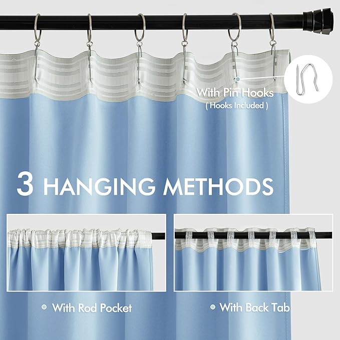 MIULEE Sky Blue Back Tab Blackout Curtains 102 Inch Long 2 Panels Set for Bedroom, Rod Pocket/Pinch Pleated Thermal Insulated Living Room Darkening Light Blocking Floor to Ceiling Drapes