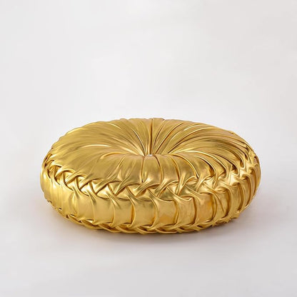 HIG Set of 2 Handcrafted Gold Ruched Round Throw Pillows – 14.5’’ Metallic Leather Decorative Pillows with Soft Polyester Filling for Couch, Bed, Living Room, Bedroom, or Dorm