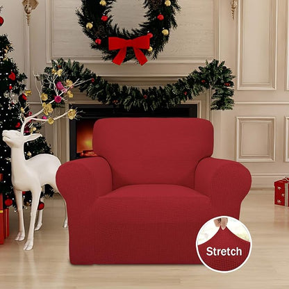 Easy-Going Stretch Chair Sofa Slipcover 1-Piece Couch Sofa Cover Furniture Protector Soft with Elastic Bottom for Kids, Pet. Spandex Jacquard Fabric Small Checks (Chair, Christmas Red)