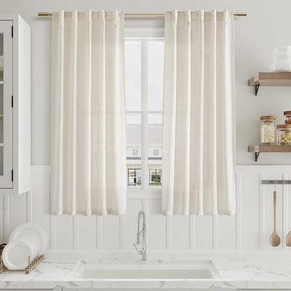 Nanspring Linen Curtains 63 Inch Length 2 Panels Set for Cafe Kitchen Cream Thermal Insulated Drapes with Back Tab Light Filtering Boho Farmhouse Curtain for Bedroom Living Room 40x63 Inch Natural
