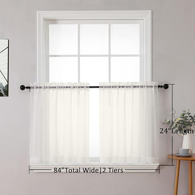Chyhomenyc Sheer Curtains Tiers 2 Pieces Set, Light Filtering Small Curtains 24 in Length, Short Bathroom Living Room Cafe Basement Voile Window Curtains, Rod Pocket, 42W x 24L Inches, Ivory