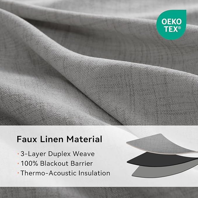 100% Blackout Shield Linen Blackout Curtains for Bedroom, Grey Grommet Curtains for Living Room, Thermal Insulated Room Darkening Drapes for Nursery, Boho Home Decor, 50" W x 72" L, 2 Panels