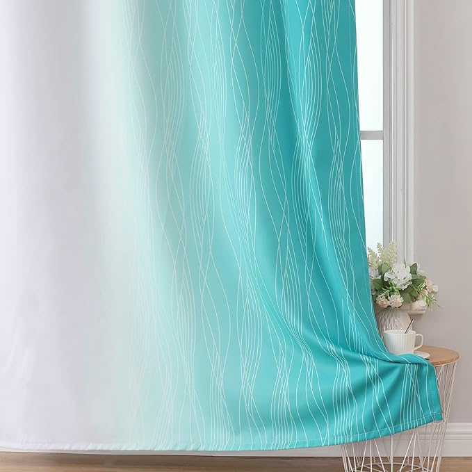 Estelar Textiler Teal and Grayish White Blackout Curtains for Living Room, Ombre Thermal Insulated Noise Reducing Blackout Drapes for Bedroom, Full Room Darkening Grommet Curtains, 52Wx84L, 2 Panels