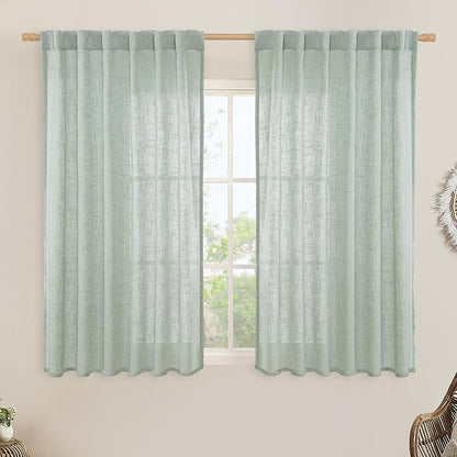 LAMIT Semi Sheer Linen Curtains 54 Inch Length 2 Panels, Light Sage Light Filtering Panels Back Tab and Rod Pocket Neutral Drapes for Kitchen/Window/Dining Room, 52 x 54 Inch