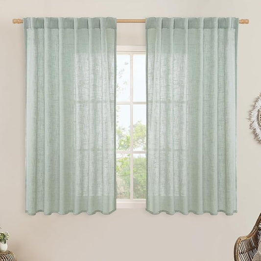 LAMIT Light Sage Linen Curtains 45 Inches Long for Bedroom, Light Filtering Panels Back Tab and Rod Pocket Neutral Drapes for Kitchen/Window/Loft Room, 52 x 45 Inch, 2 Panels