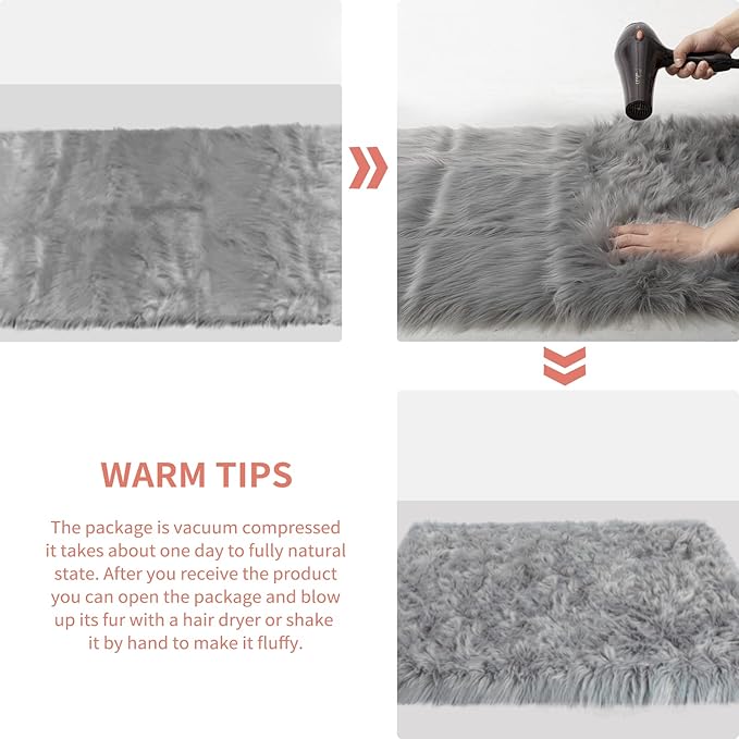 Ciicool Fluffy Area Rug, Grey Faux Fur Rug for Bedroom Living Room, Thick Fuzzy Shag Rug Furry Nursery Rug Plush Indoor Floor Carpets for Kids Girls Boys Teen Dorm, 4x6 ft