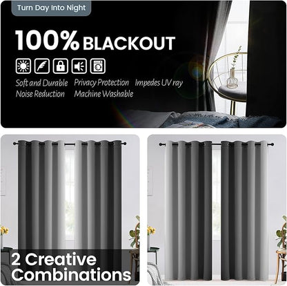 SimpleHome 100% Blackout Ombre Room Darkening Curtains for Living Room, Light Blocking Grey to Greyish White Thermal Insulated Grommet Window Drapes for Bedroom, 2 Panels, 52x96 inches Length