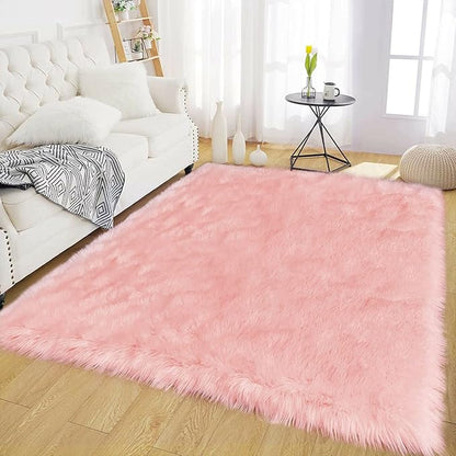 Latepis Pink Fur 5x8 Area Rug for Living Room Bedroom Faux Sheepskin Rugs Fuzzy Shaggy Plush Rug for Girls Room Cute Home Décor, Rectangle