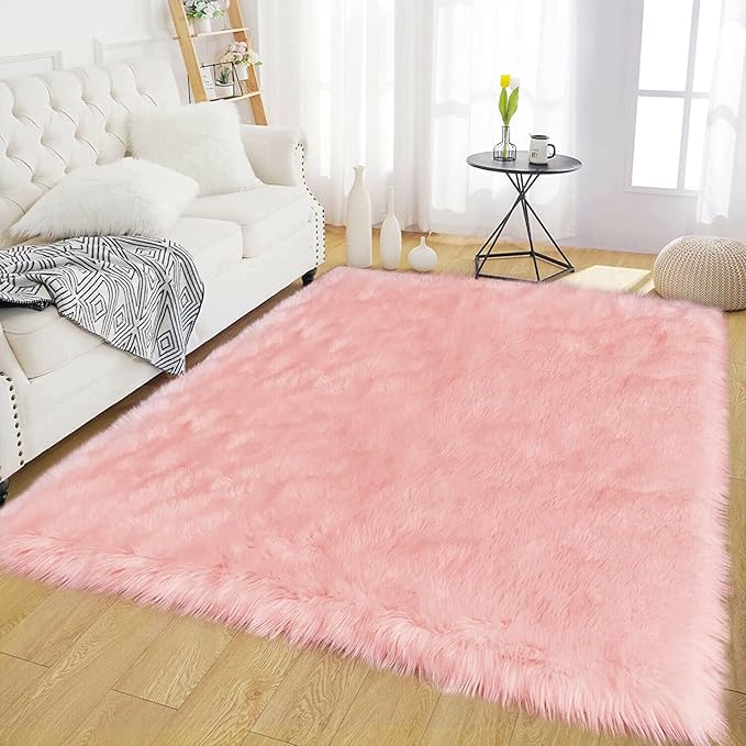 Latepis Pink Rugs for Living Room Shag 6x8 Faux Fur Sheepskin Rug for Sofa Bedroom Fluffy Washable Furry Plush Rug, Rectangle