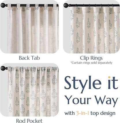jinchan Linen Floral Curtains for Living Room 84 Inch Length Blue Flower Cottage Core Farmhouse Curtains Rod Pocket Back Tab Boho Semi Sheer Window Drapes Bedroom Set 2 Panels Blue on Beige