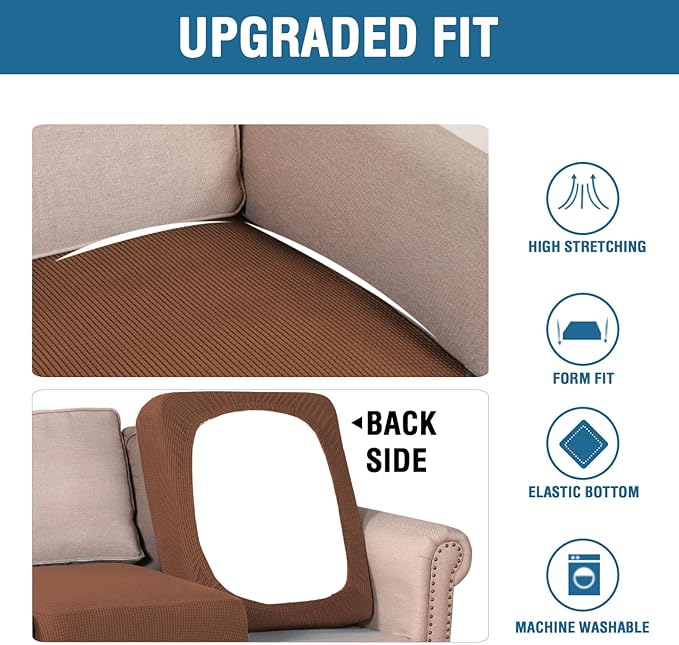 H.VERSAILTEX Super Stretch Couch Cushion Covers Sofa Cushion Slipcovers Jacquard Fabric Individual Seat Couch Slipcover Sets for Pets with Elastic Bottom(3 Packs Cushion Sofa Covers, Caramel)