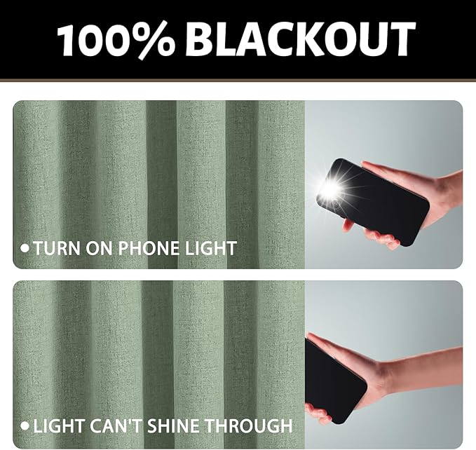 Yakamok Light Sage Green Linen Curtains 100% Blackout 84 Inches Long,Room Darkening Textured Curtains for Living Room Thermal Grommet Bedroom Curtains 2 Panels with White Liner