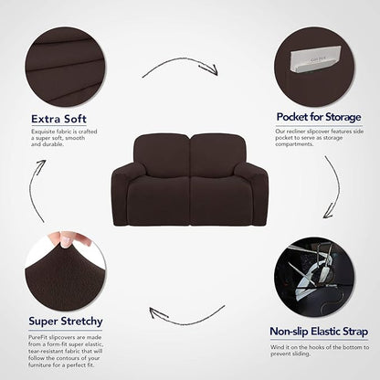 PureFit Super Stretch Loveseat Recliner Sofa Couch Cover with Pocket 2 Seats Non Slip Soft Sofa Slipcover, Washable Reclining Furniture Protector for Pets (Medium, Chocolate)