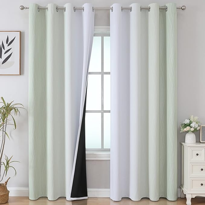 Estelar Textiler Sage Green and Greyish White Ombre Blackout Curtains 90 Inch Length 2 Panels Set, Thermal Insulated Drapes for Bedroom, Full Light Blocking Grommet Curtains for Living Room,52Wx90L
