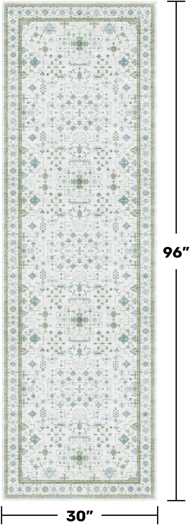 Hazo Haus Oushak Wide Hallway Runner Rug 2'6"x8' - Vintage Turkish Floral, Washable Low Pile Non Slip Extra Long Runners for Kitchen, Hall Way - Cream Blue and Green