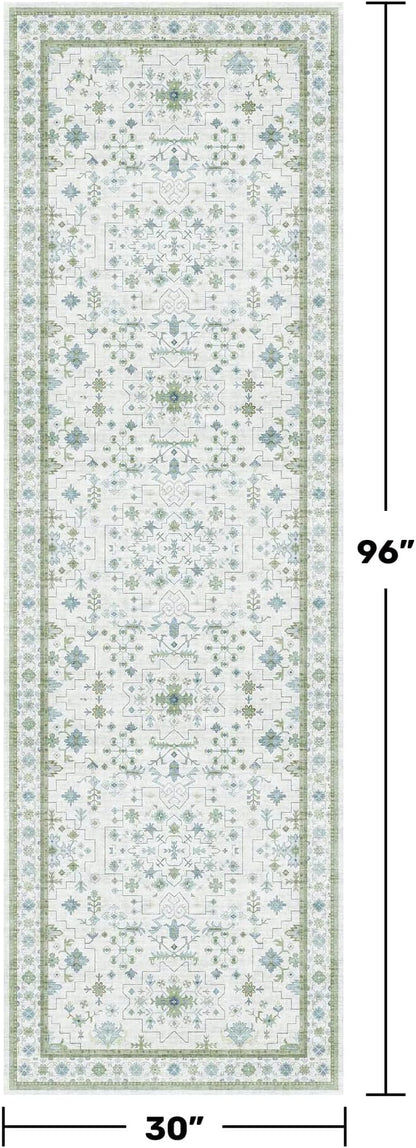 Hazo Haus Oushak Wide Hallway Runner Rug 2'6"x8' - Vintage Turkish Floral, Washable Low Pile Non Slip Extra Long Runners for Kitchen, Hall Way - Cream Blue and Green
