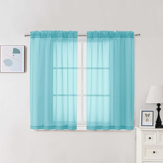 Chyhomenyc Sheer Curtains 54 Inch Long 2 Panels Set, Light Filtering Short Soft Airy Short Cafe Curtains, Modern Rod Pocket for Dinning Living Room Bedroom, Each 42Wx54L in, 2PCS, Aqua