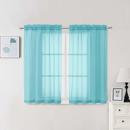 Chyhomenyc Sheer Curtains 54 Inch Long 2 Panels Set, Light Filtering Short Soft Airy Short Cafe Curtains, Modern Rod Pocket for Dinning Living Room Bedroom, Each 42Wx54L in, 2PCS, Aqua