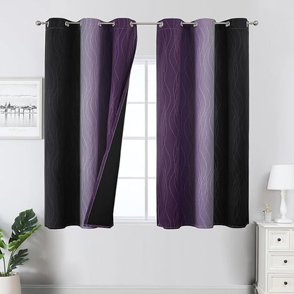 Estelar Textiler Purple and Black Ombre Blackout Curtains 45 Inch Length, Full Room Darkening Gradient Drapes for Kitchen, Thermal Insulated Grommet Curtains for Short Window, 42Wx45L,2 Panels