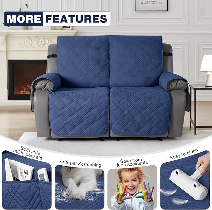 TAOCOCO 100% Waterproof Loveseat Recliner Covers 2 Seater, Split Loveseat Covers for Reclining loveseat, Non Slip Reclining Couch Cover with Double Straps for Kids, Pets(2 Seater, Ocean Blue)