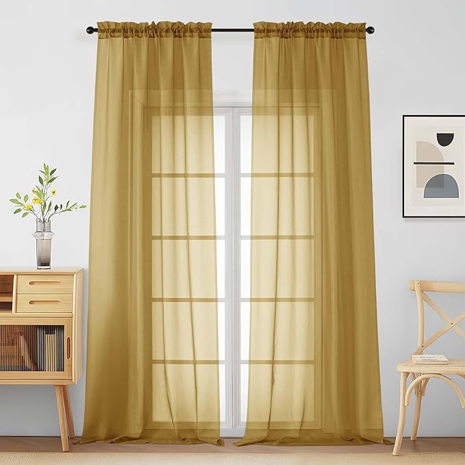 Gold Sheer Curtains for Window 96 Inches Long 2 Panels Set, Soft Airy Light Filtering Voile Sheer Curtains for Living Room Bedroom, Dual Rod Pocket Elegant Window Drapes, 2x42Wx96L Inches