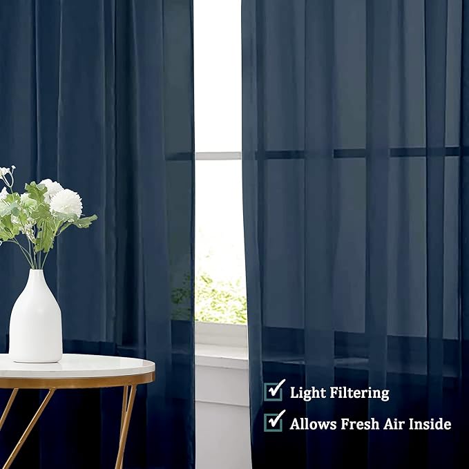 Chyhomenyc Sheer Curtains 63 Inch Length Set of 2, Rod Pocket Voile Drapes for Living Room, Bedroom, Window Treatments Semi Sheer Curtain Panels for Yard, Patio, Villa, Parlor, 42Wx 63L, Navy Blue