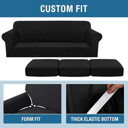 H.VERSAILTEX 4 Piece Stretch Sofa Covers for 3 Cushion Couch Covers for Living Room Furniture Slipcovers (Base Cover Plus 3 Seat Cushion Covers) Upgraded Thicker Jacquard Fabric (XL Sofa, Black)
