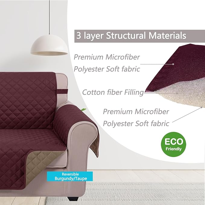 U-NICE HOME Loveseat Sofa Cover Reversible Couch Cover for Dogs with Elastic Straps Water Resistant Furniture Protector for Pets Couch Cover for 2 Cushion Couch (Loveseat, Burgundy/Tan)