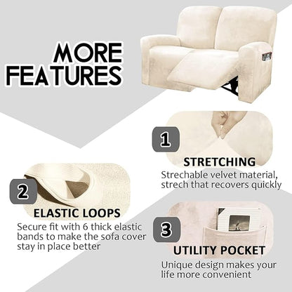 ULTICOR Reclining Love Seat Slipcover, 48" - 65" L, 6-Piece Velvet Stretch Loveseat Reclining Sofa Covers, 2 seat Love seat Recliner Cover, Thick, Soft, Washable (Ivory)