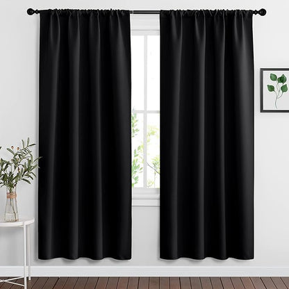 RYB HOME Extra Wide Blackout Curtains for Bedroom Living Room 72 inches Long, Thermal Insulated Privacy Drapes for Nursery Home Theater Dining Room, Width 62 by Length 72, Black, 2 Panels