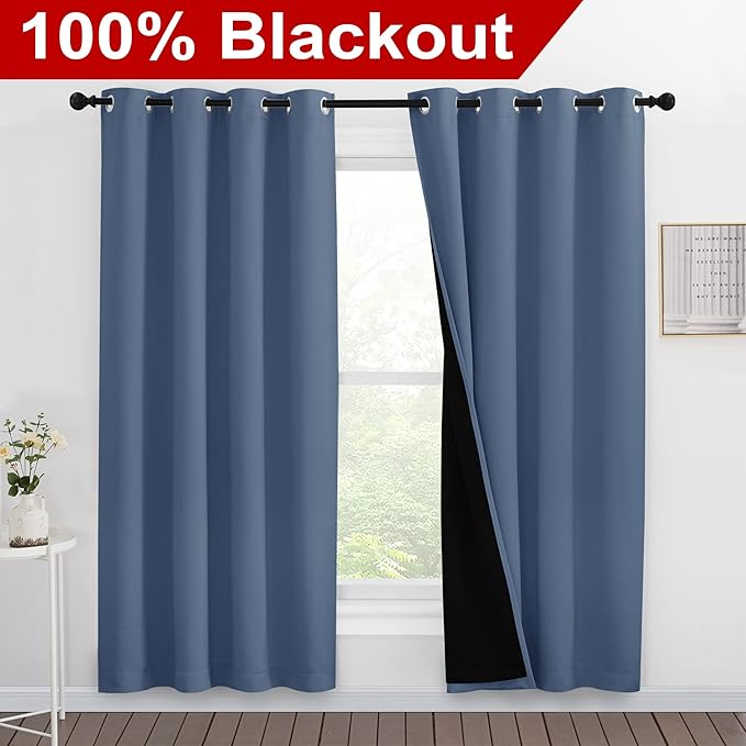 NICETOWN Full Shade Curtain Panels 78 inches Long, Pair of Energy Smart & Noise Blocking Out Blackout Drapes for Guest Room Window, Thermal Insulated Lined Window Dressing (Stone Blue, 55x78)