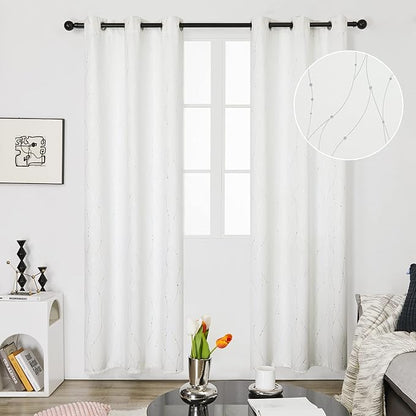Deconovo White Curtains 95 Inches Long, Room Darkening Curtain, Thermal Insulated Soundproof Drapes, Wave Dots Silver Print, Grommet Top, Window Panels for Living Room Bedroom Sliding Door, Set of 2