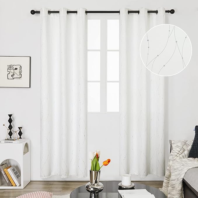 Deconovo White Curtains 84 Inches Long, Room Darkening Curtain, Thermal Insulated Soundproof Drapes, Wave Dots Silver Print, Grommet Top, Window Panels for Living Room Bedroom Nursery Office, Set of 2