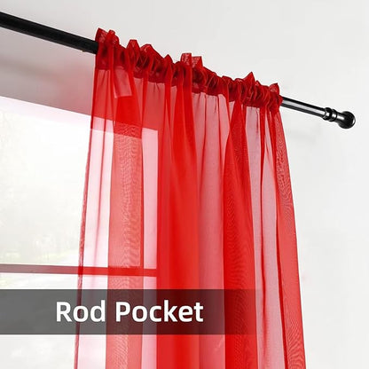 youleyar Solid Sheer Rod Pocket Curtain Voile Draperies 2 Panels White Beige Black Grey Coffee 42 Inch Width 72 Inch Long 1 Pair for Kitchen Bedroom Children Living Room Yard (Red,42Wｘ72L)