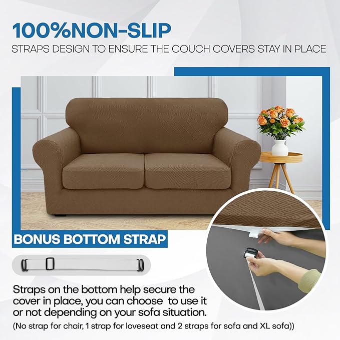 XINEAGE New 3 Pieces Couch Covers for 2 Cushion Sofa Super Stretch Loveseat Slipcover Pet Dog Universal Slip Cover Anti Slip Love Seat Furniture Protector (Brown, 55"-69")