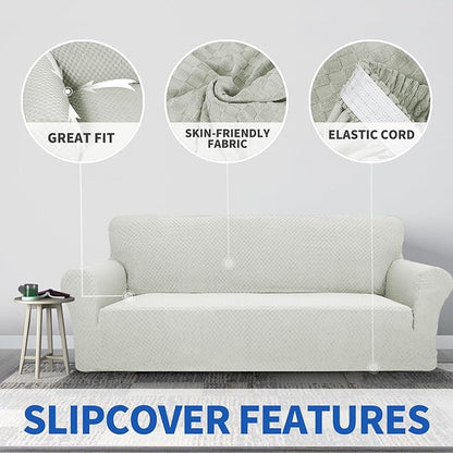 ZNSAYOTX 1 Piece Jacquard Couch Covers for 2 Cushion Couch High Stretch Loveseat Slipcover for Pets Dogs Anti Slip Love Seat Sofa Slipcover Furniture Protector (Medium, Ivory)