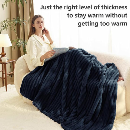 HIMEET Navy Blue Ribbed Throw Blanket for Couch - 300GSM Lightweight Soft Fleece Blanket for Women Men, Cozy Blankets for Mothers Gifts, Striped Spring Home Room Decor, Navy Blue, 50x60 Inches