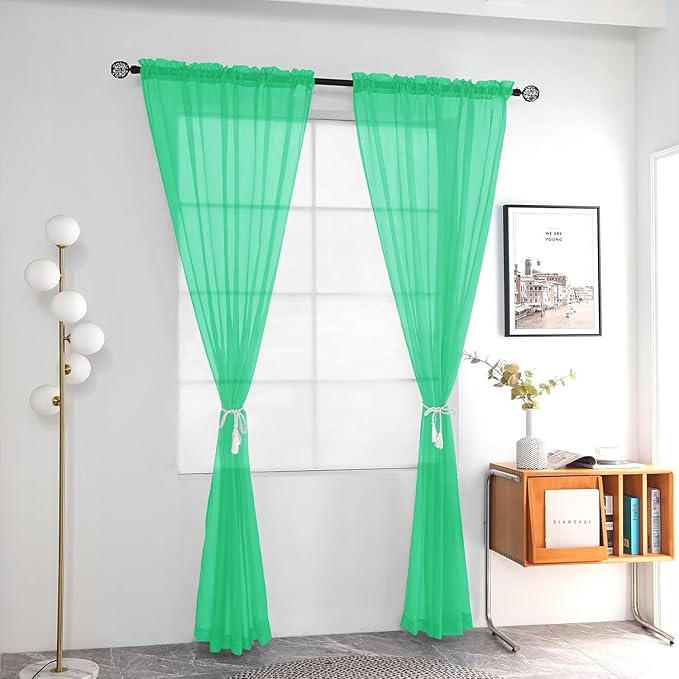 youleyar Solid Sheer Rod Pocket Curtain Voile Draperies 2 Panels White Beige Black Grey Ivory 52 Inch Width 90 Inch Long 1 Pair for Kitchen Bedroom Children Living Room Yard (Grass Green,52Wｘ90L)