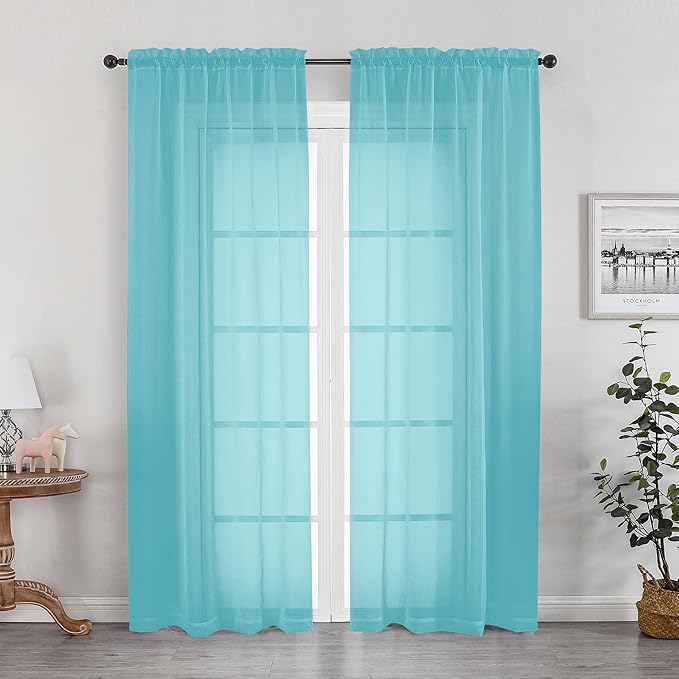 OWENIE Aqua Sheer Curtains for Bedroom Living Room 72 Inches Long 2 Panels Set, Modern Light Filtering Sheer Curtain Rod Pocket Clear Drapes for Window Sliding Door, Aqua, Each 42 x 72 Inch