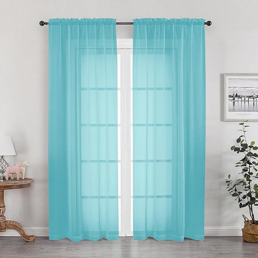 OWENIE Aqua Sheer Curtains for Bedroom Living Room 72 Inches Long 2 Panels Set, Modern Light Filtering Sheer Curtain Rod Pocket Clear Drapes for Window Sliding Door, Aqua, Each 42 x 72 Inch