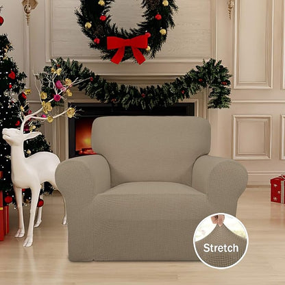 Easy-Going Stretch Chair Sofa Slipcover 1-Piece Couch Sofa Cover Furniture Protector Soft with Elastic Bottom for Kids, Pet. Spandex Jacquard Fabric Small Checks (Chair, Natural)