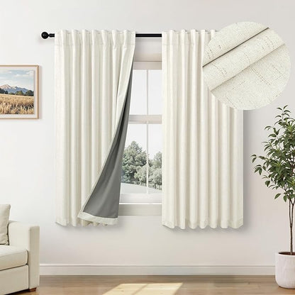 Short Blackout Curtains for Bedroom 45 Inch Length 2 Panels Faux Linen Cream Colored Cute Cottage Core Cafe Kitchen Bathroom Curtains for 42 Inch Small Window Heat Blocking Thermal Insulated Back Tab
