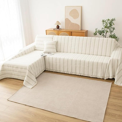 Couch Cover for Dogs, Boho Sofa Covers for 3 Cushion Couch, Chenille Sofa Slipcover for Pets Washable, L-Shape Sectional Loveseat Cover Soft Throw Blankets with Tassels(91x150,Striped Beige)