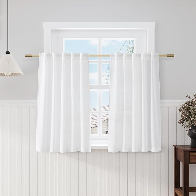 Nanspring White Linen Semi Sheer Cafe Curtains 36 Inch Length 2 Panel Set Back Tab Pocket Design for Small Bathroom Kitchen Windows Modern Farmhouse Coastal Decor 40x36