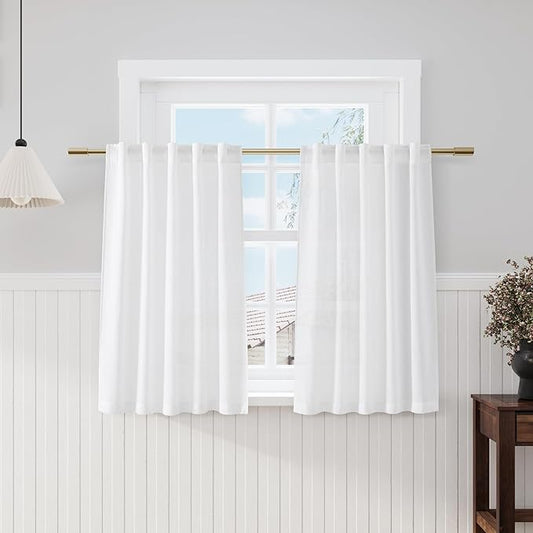 Nanspring 45 Inch Linen White Curtains for Kitchen Short Window Semi Sheer Light Filtering Linen Drapes Modern Farmhouse Back Tab Rod Pocket Curtain for Cafe Bathroom 34 X 45,2 Panels