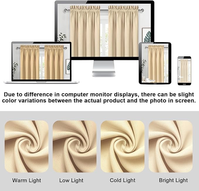 DWCN Blackout Curtains for Living Room Thermal Insulated, Energy Saving & Noise Reducing Bedroom Curtains, Beige, W 52x L 36 Inch, Set of 2 Rod Pocket Curtain Panels