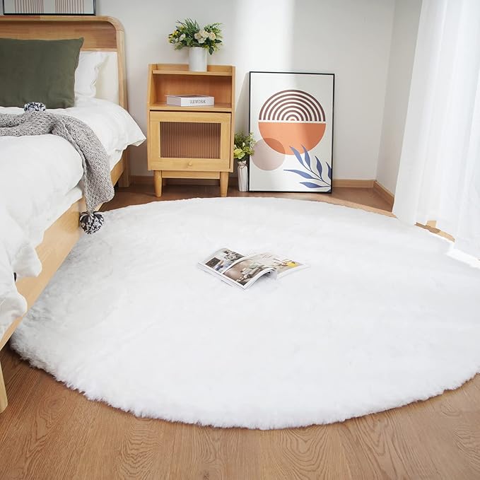 Ghouse Faux Rabbit Fur Round Rug 4ft White Round Rugs for Bedroom Decor Fluffy Area Rugs for Living Room, no-Shedding Carpet Sheepskin Washable Rug Rome Decor