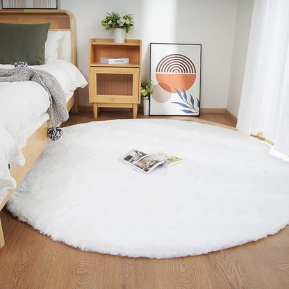 Ghouse Faux Rabbit Fur Round Rug 5 Ft White Round Rugs for Bedroom Decor Fluffy Area Rugs for Living Room, no-Shedding Carpet Sheepskin Washable Rug Rome Decor