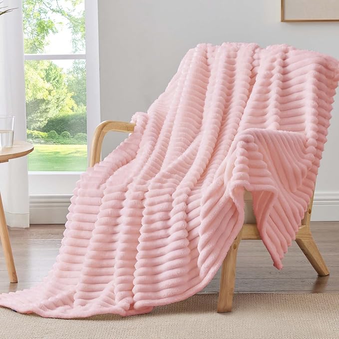 BEDELITE Throw Blanket for Couch - 300GSM Soft & Warm Fluffy Pink Blanket, Decorative and Giftable Striped Blankets for Women, Men, 50"x70"